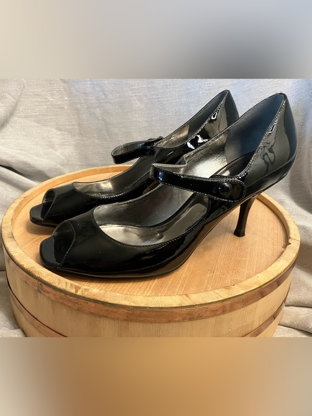 Black Patent Leather Peep Toe Pumps Heels Size 10